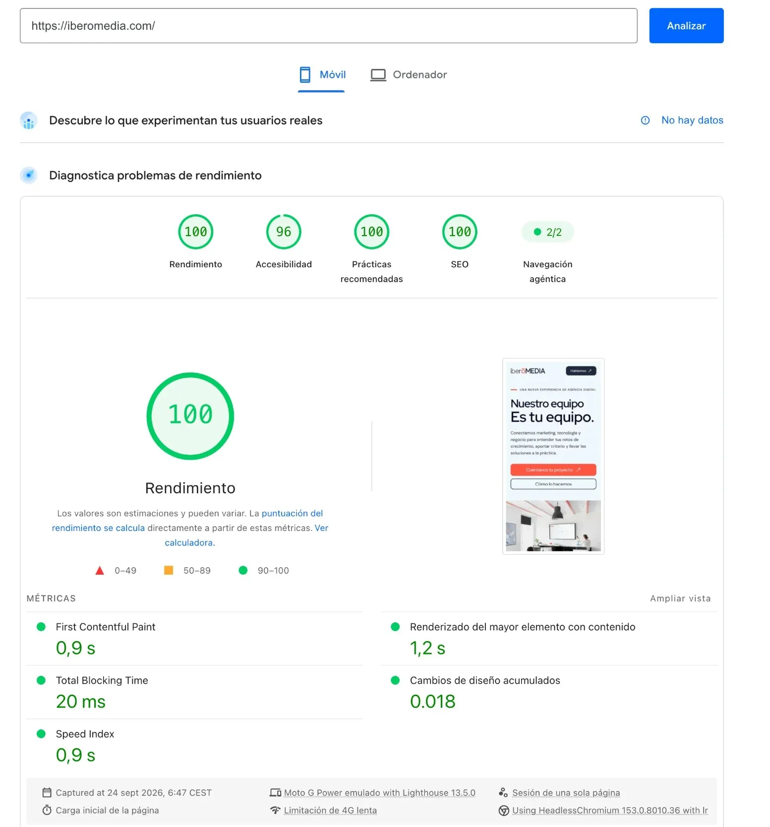 Informe de PageSpeed Insights de iberomedia.com en móvil: 100 en rendimiento, 96 en accesibilidad, 100 en prácticas recomendadas y 100 en SEO