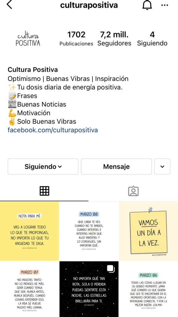 Captura de pantalla del perfil de Instagram de Cultura Positiva.